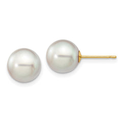 14K Yellow Gold 8-9mm Round Grey Saltwater Akoya Cultured Pearl Stud Post Earrings