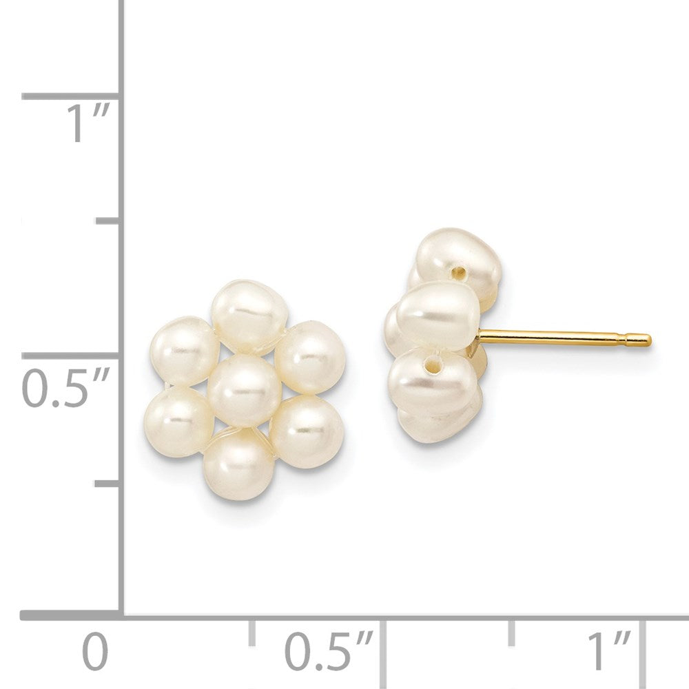 14K Yellow Gold 3-4mm White Egg FWC Pearl Flower Earrings