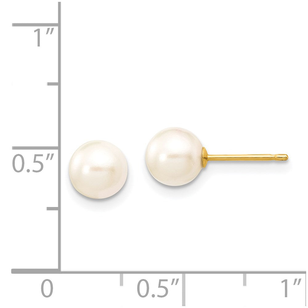 14K Yellow Gold 6-7mm Round White Saltwater Akoya Cultured Pearl Stud Post Earrings
