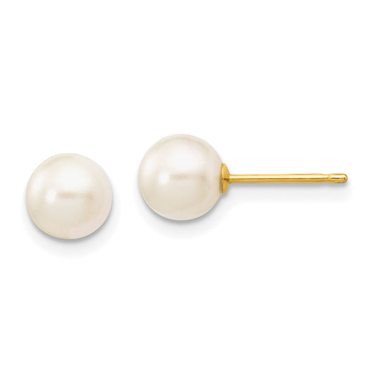 14K Yellow Gold 6-7mm Round White Saltwater Akoya Cultured Pearl Stud Post Earrings