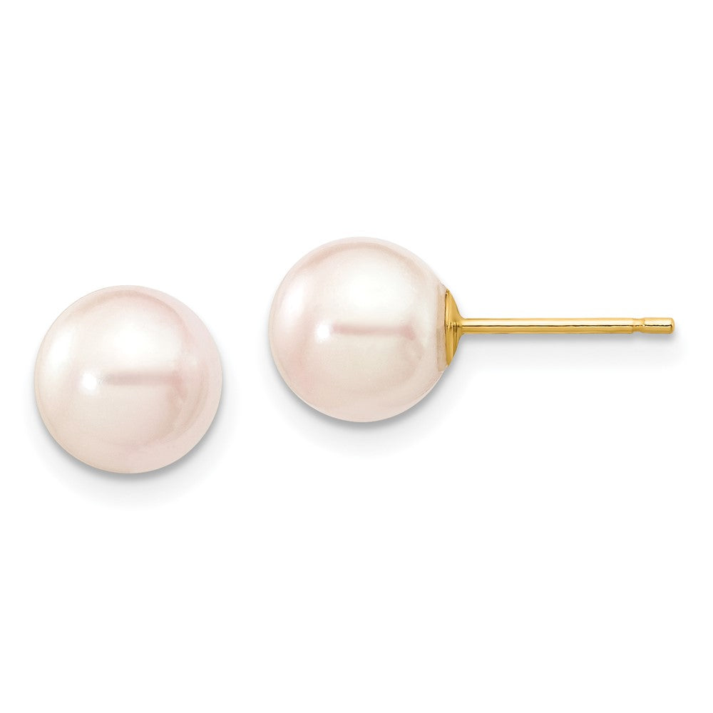14K Yellow Gold 7-8mm Round White Saltwater Akoya Cultured Pearl Stud Post Earrings