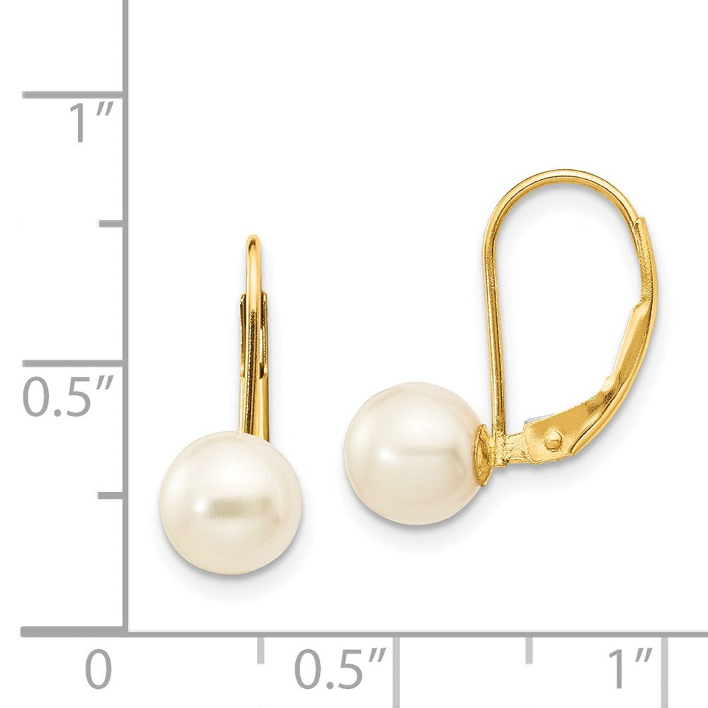 14K Yellow Gold 6-7mm White Round FWC Pearl Leverback Earrings