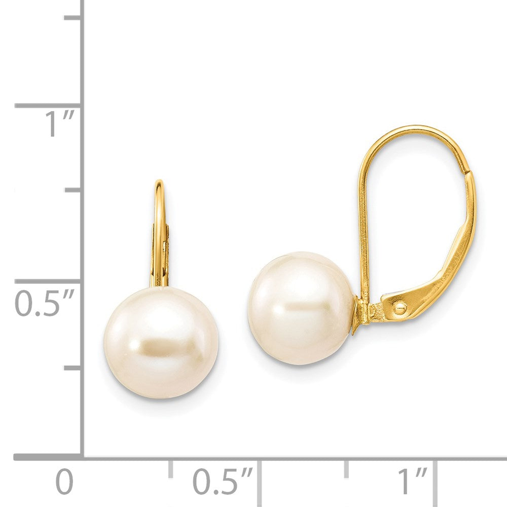 14K Yellow Gold 8-9mm White Round FWC Pearl Leverback Earrings