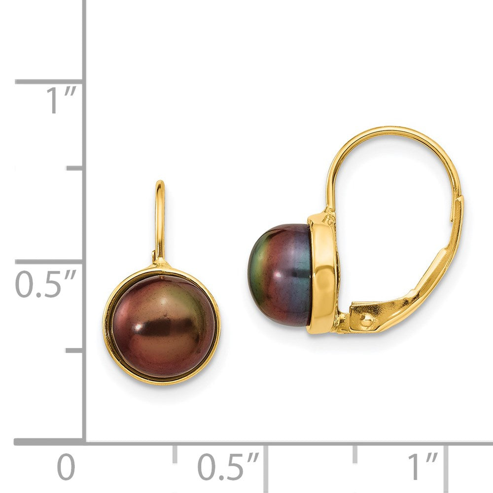 14K Yellow Gold 6-7mm Black Button FWC Pearl Leverback Earrings