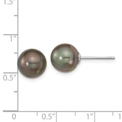 14K White Gold 9-10mm Black Round Saltwater Cultured Tahitian Pearl Post Earrings