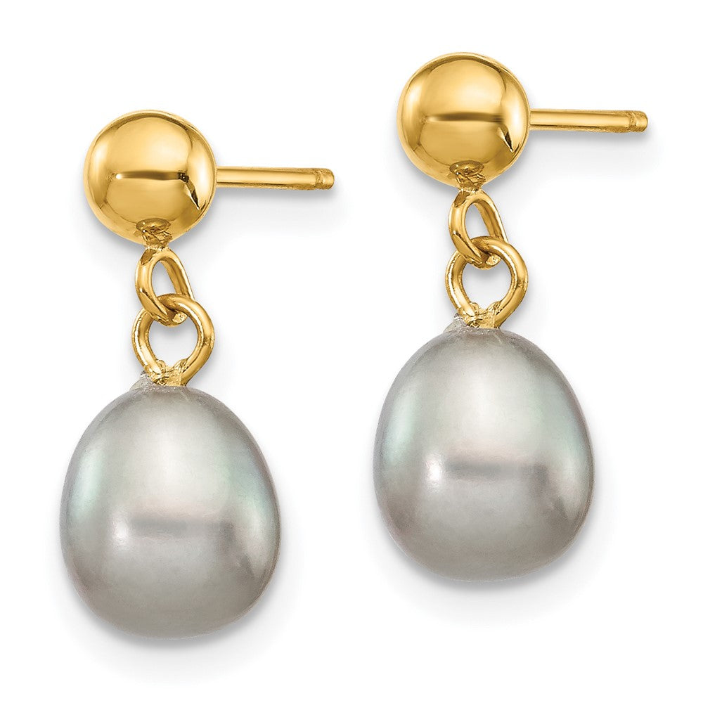 14K Yellow Gold 6-7mm Grey Rice FWC Pearl Dangle Post Earrings