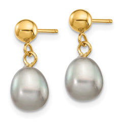 14K Yellow Gold 6-7mm Grey Rice FWC Pearl Dangle Post Earrings