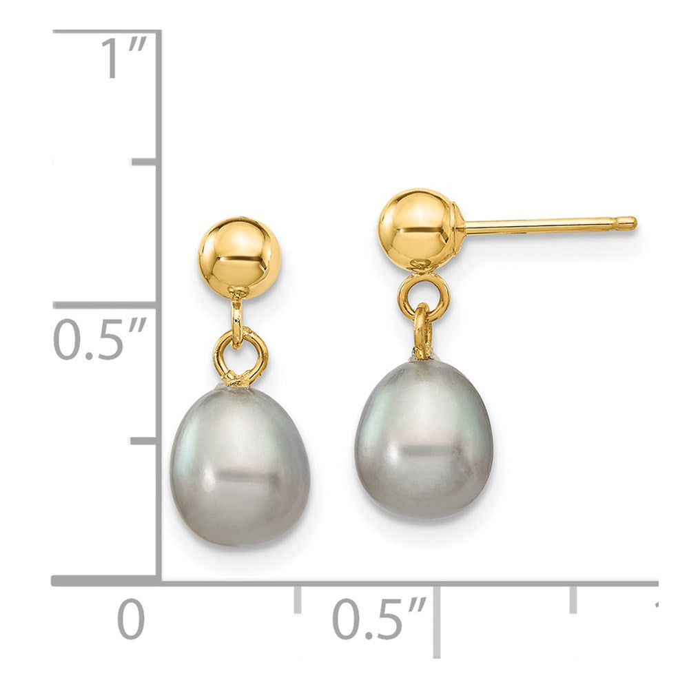 14K Yellow Gold 6-7mm Grey Rice FWC Pearl Dangle Post Earrings