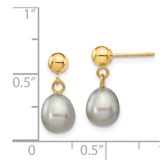 14K Yellow Gold 6-7mm Grey Rice FWC Pearl Dangle Post Earrings