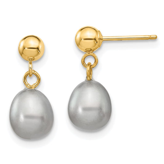 14K Yellow Gold 6-7mm Grey Rice FWC Pearl Dangle Post Earrings