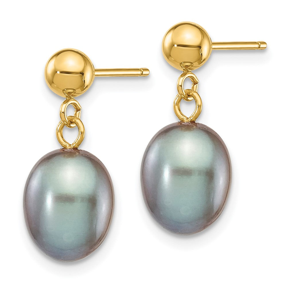 14K Yellow Gold 7-8mm Grey Rice FWC Pearl Dangle Post Earrings
