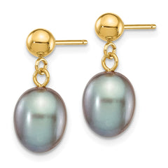 14K Yellow Gold 7-8mm Grey Rice FWC Pearl Dangle Post Earrings