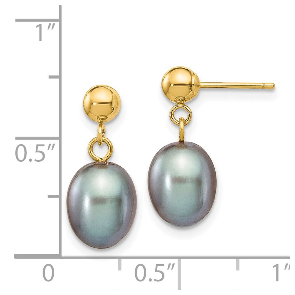 14K Yellow Gold 7-8mm Grey Rice FWC Pearl Dangle Post Earrings