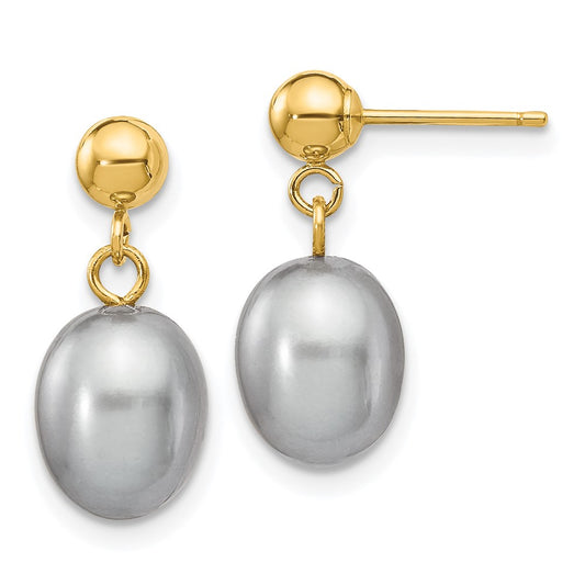 14K Yellow Gold 7-8mm Grey Rice FWC Pearl Dangle Post Earrings