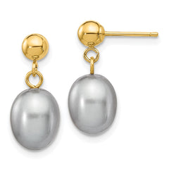 14K Yellow Gold 7-8mm Grey Rice FWC Pearl Dangle Post Earrings