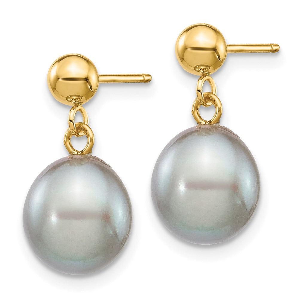 14K Yellow Gold 8-9mm Grey Rice FWC Pearl Dangle Post Earrings