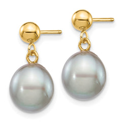 14K Yellow Gold 8-9mm Grey Rice FWC Pearl Dangle Post Earrings