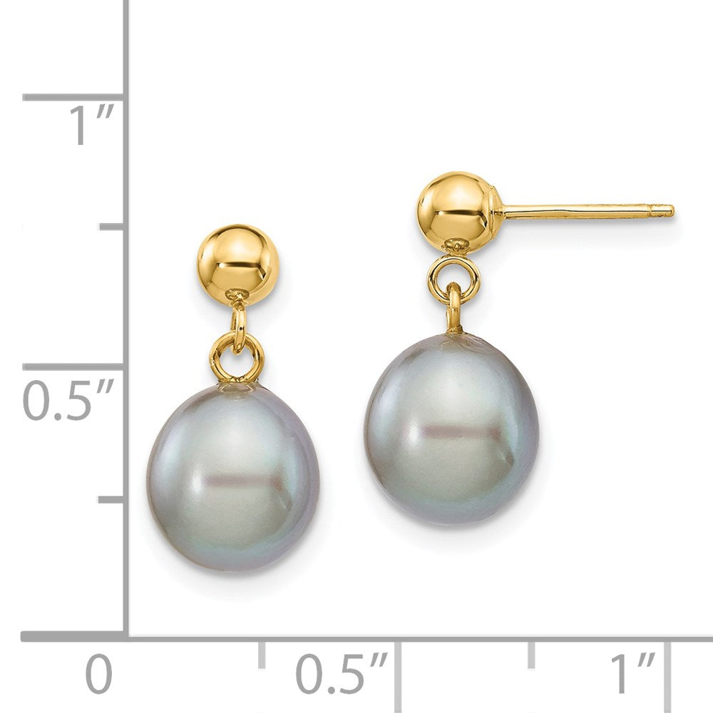 14K Yellow Gold 8-9mm Grey Rice FWC Pearl Dangle Post Earrings