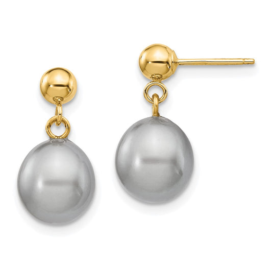 14K Yellow Gold 8-9mm Grey Rice FWC Pearl Dangle Post Earrings