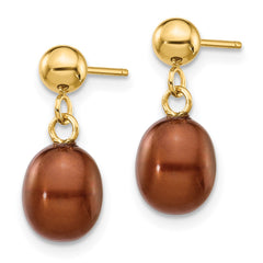 14K Yellow Gold 6-7mm Brown Rice FWC Pearl Dangle Post Earrings
