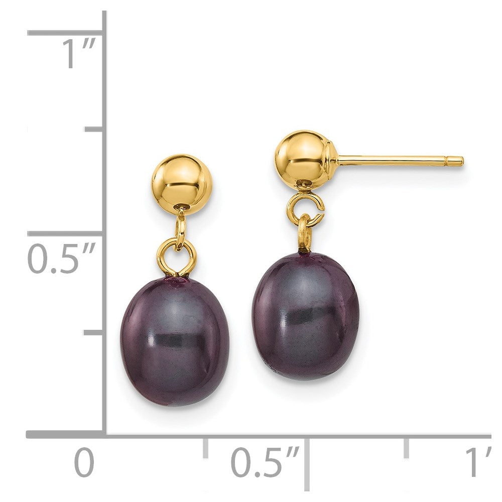14K Yellow Gold 7-8mm Black Rice FWC Pearl Dangle Post Earrings