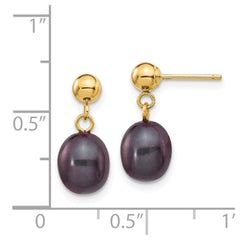 14K Yellow Gold 7-8mm Black Rice FWC Pearl Dangle Post Earrings