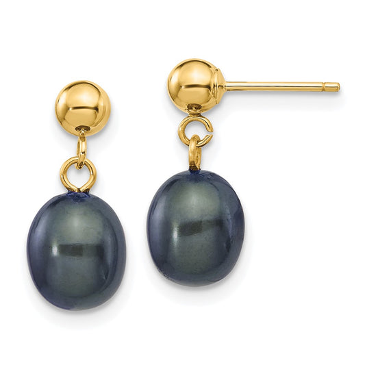 14K Yellow Gold 7-8mm Black Rice FWC Pearl Dangle Post Earrings