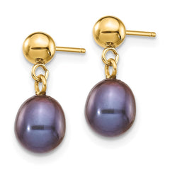 14K Yellow Gold 6-7mm Black Rice FWC Pearl Dangle Post Earrings