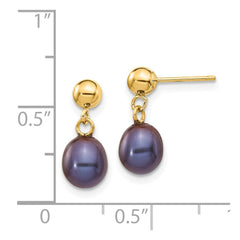 14K Yellow Gold 6-7mm Black Rice FWC Pearl Dangle Post Earrings