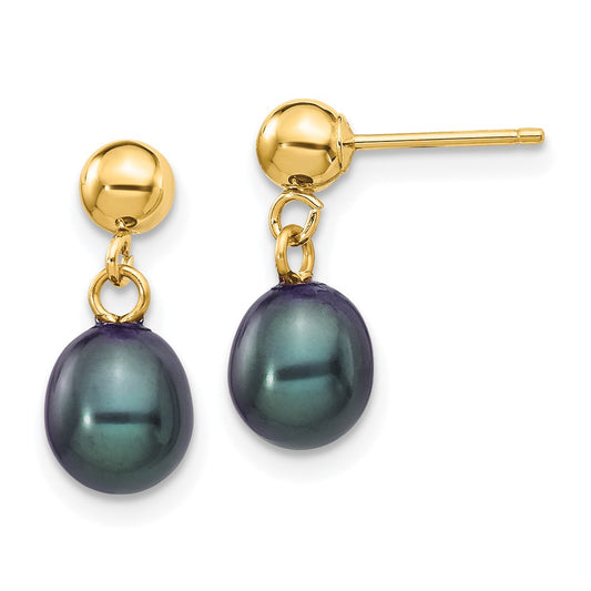 14K Yellow Gold 6-7mm Black Rice FWC Pearl Dangle Post Earrings