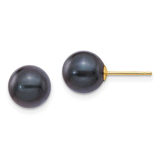 14K Yellow Gold 8-9mm Round Black Saltwater Akoya Cultured Pearl Stud Post Earrings