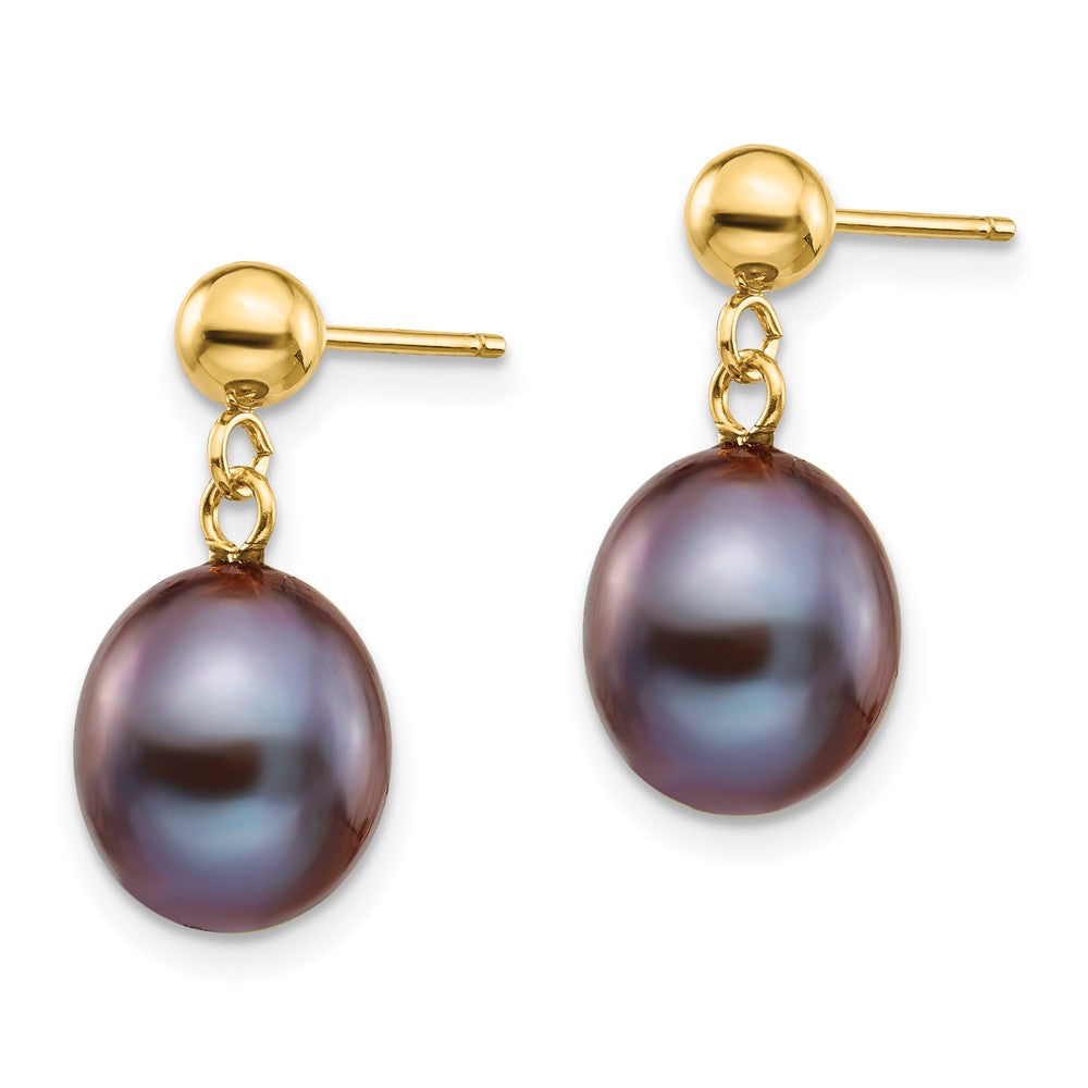 14K Yellow Gold 8-9mm Black Rice FWC Pearl Dangle Post Earrings