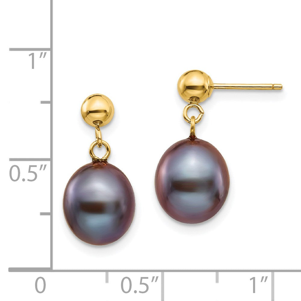 14K Yellow Gold 8-9mm Black Rice FWC Pearl Dangle Post Earrings
