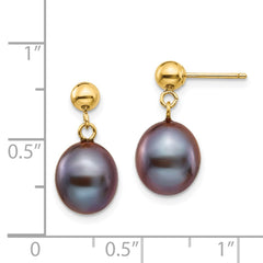 14K Yellow Gold 8-9mm Black Rice FWC Pearl Dangle Post Earrings