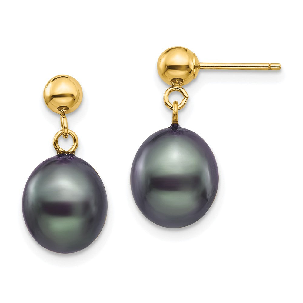 14K Yellow Gold 8-9mm Black Rice FWC Pearl Dangle Post Earrings