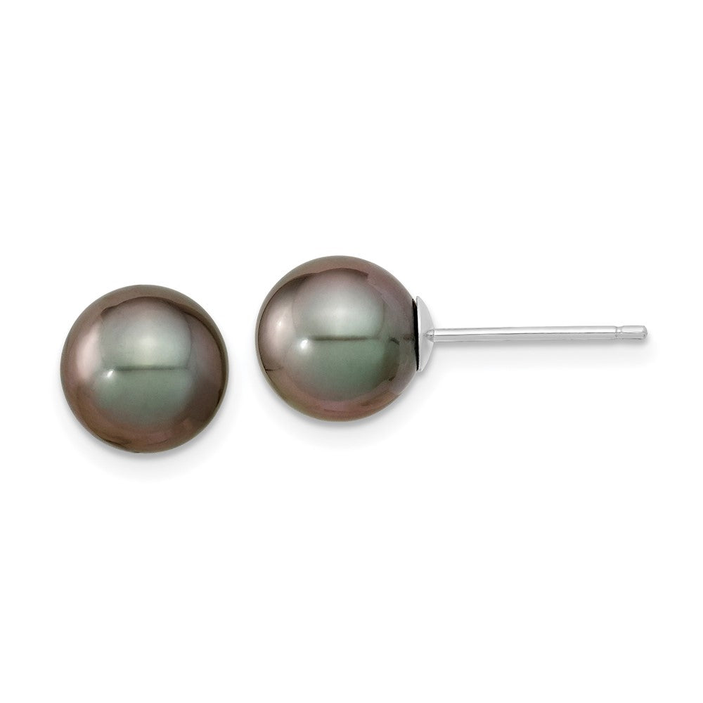14K White Gold 8-9mm Black Round Saltwater Cultured Tahitian Pearl Post Earrings