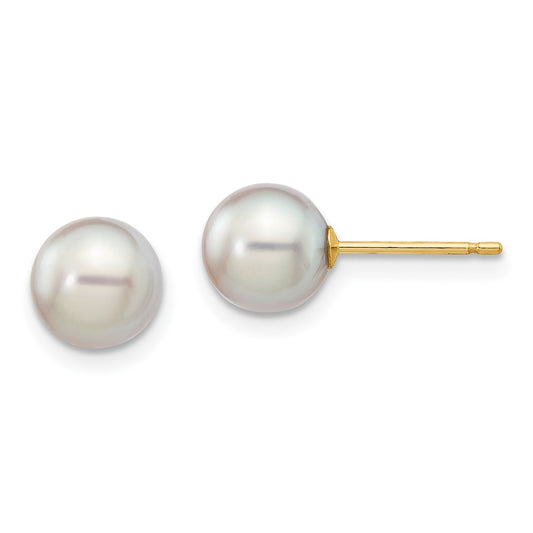 14K Yellow Gold 6-7mm Round Grey Saltwater Akoya Cultured Pearl Stud Post Earrings