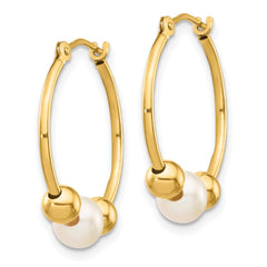 14K Yellow Gold 5-6mm White Semi-round FWC Pearl Polished Hoop Earrings