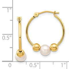 14K Yellow Gold 5-6mm White Semi-round FWC Pearl Polished Hoop Earrings