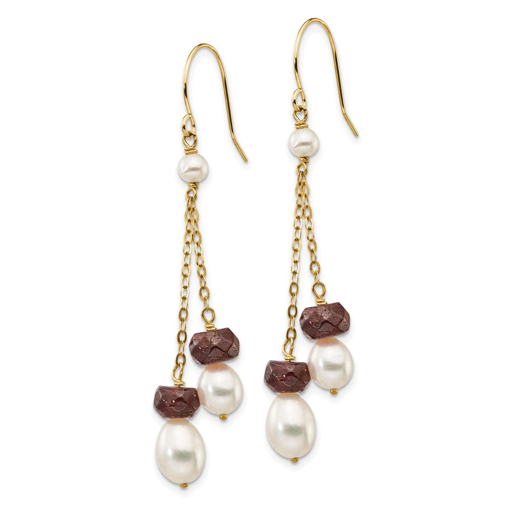 14K Yellow Gold White FWC Pearl Garnet Double Chain Dangle Earrings