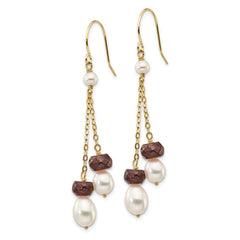 14K Yellow Gold White FWC Pearl Garnet Double Chain Dangle Earrings