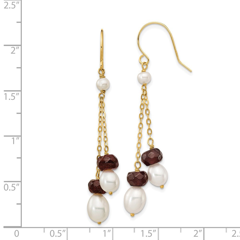 14K Yellow Gold White FWC Pearl Garnet Double Chain Dangle Earrings