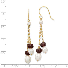 14K Yellow Gold White FWC Pearl Garnet Double Chain Dangle Earrings