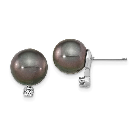 14K White Gold 9-10mm Rd Saltwater Cultured Tahitian Pearl .10ct Diamond Post Earrings