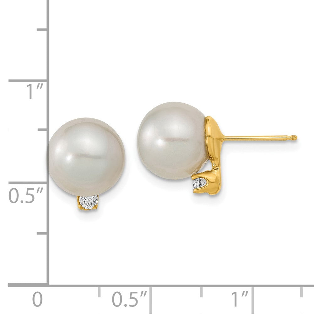 14K Yellow Gold 9-10mm White Saltwater Cultured South Sea Pearl .10ct Diamond Earrings