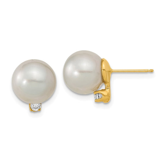 14K Yellow Gold 9-10mm White Saltwater Cultured South Sea Pearl .10ct Diamond Earrings