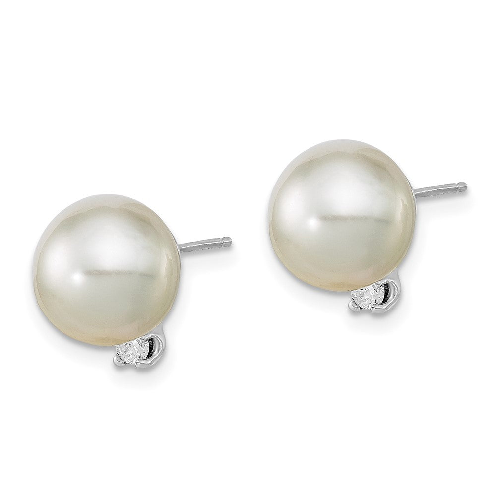 14K White Gold 9-10mm Round White Saltwater South Sea Pearl and Diamond Earrings