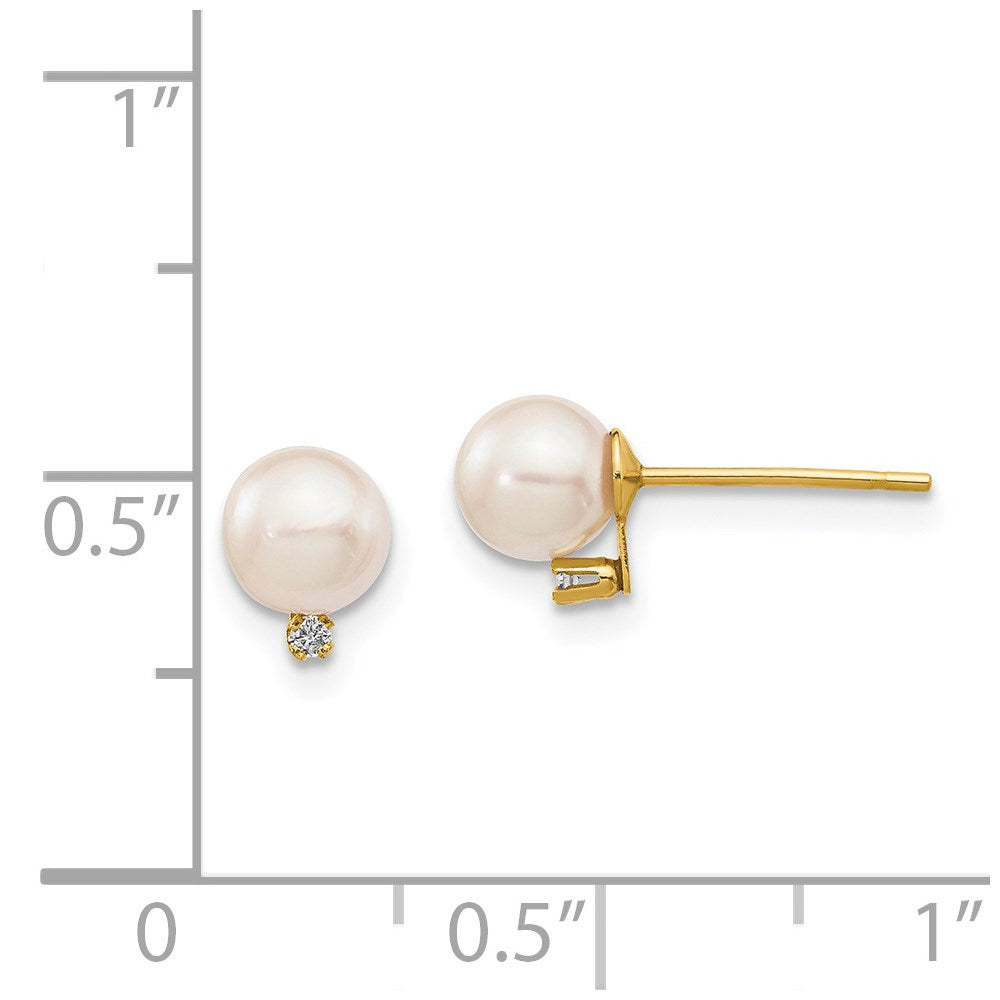 14K Yellow Gold 5-6mm White Round Saltwater Akoya Cultured Pearl Diamond Post Earrings