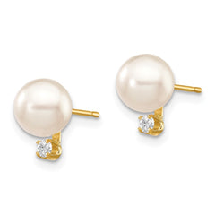 14K Yellow Gold 6-7mm White Round Saltwater Akoya Cultured Pearl Diamond Post Earrings