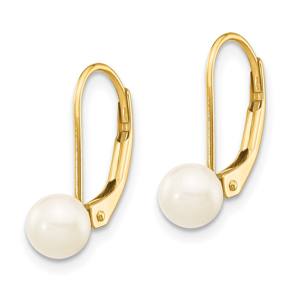 14K Yellow Gold 5-6mm White Round Saltwater Akoya Cultured Pearl Leverback Earrings